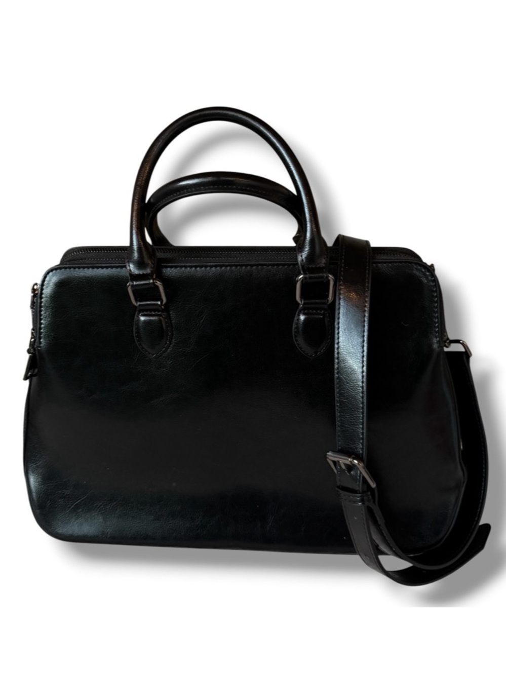 HESHE Genuine Leather Satchel Black Multi Compartment Crossbody Tote Bag